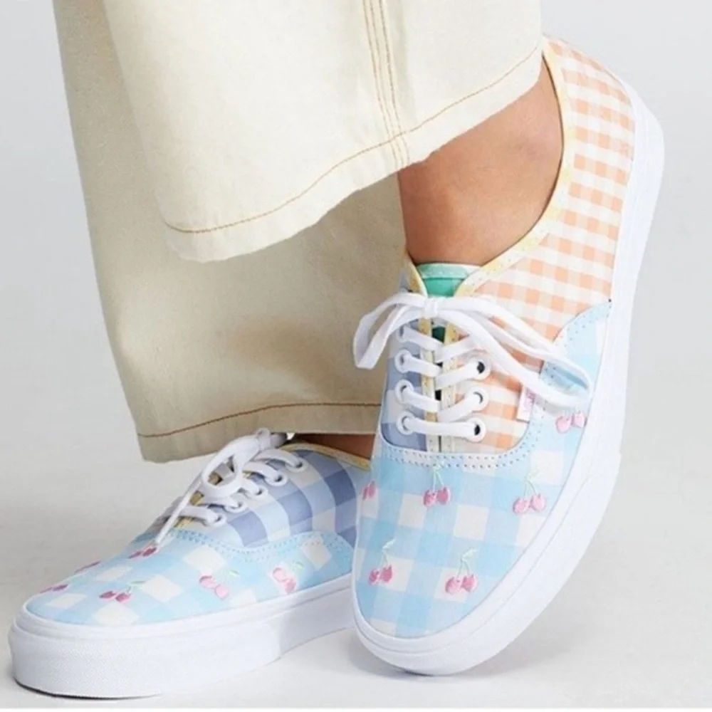 Like New Vans Gingham Embroidered Cherry, Women 12, Men 10.5 - Picture 2 of 11